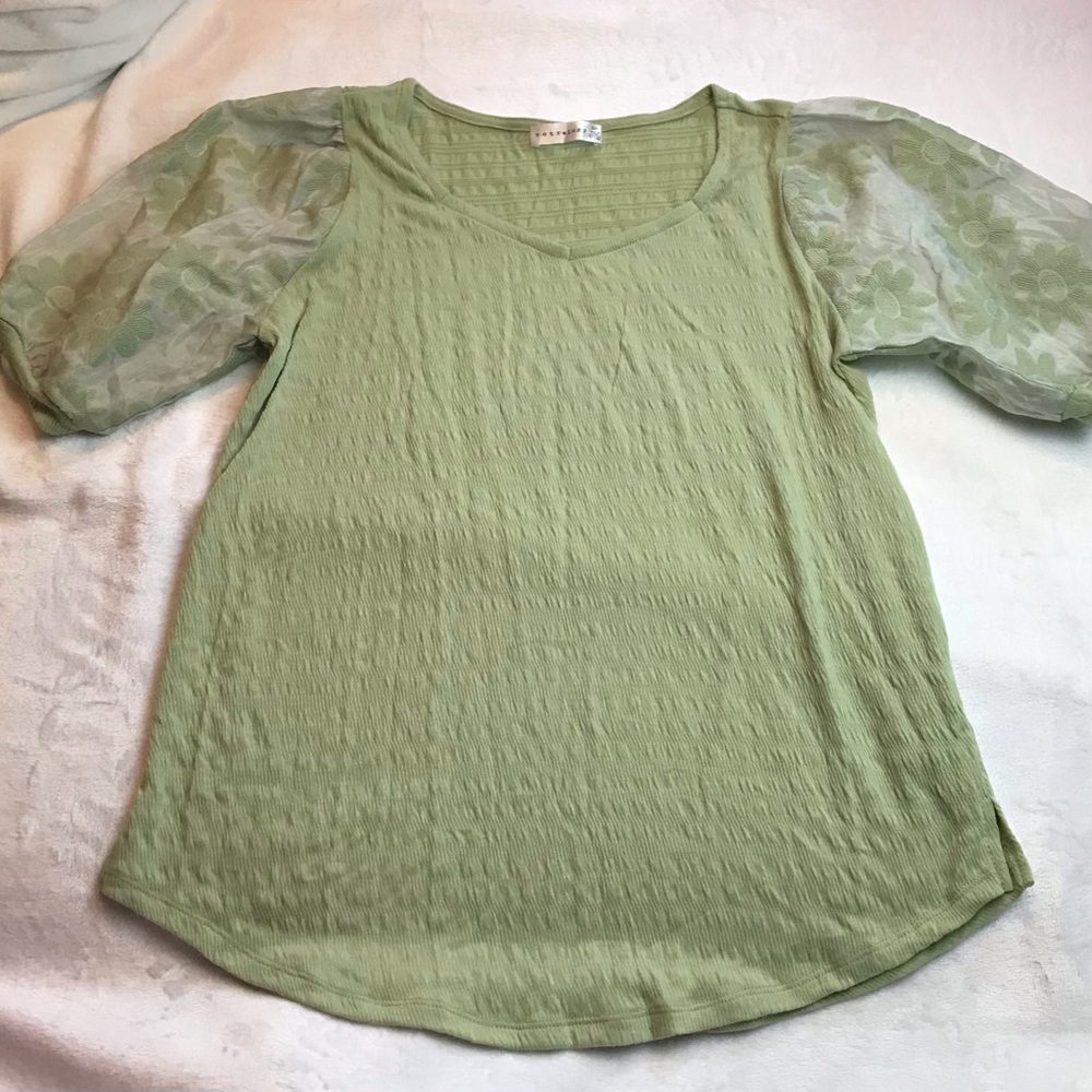 Retrology Womens Small Blouse Shirt Puff Short Sleeve Green Floral